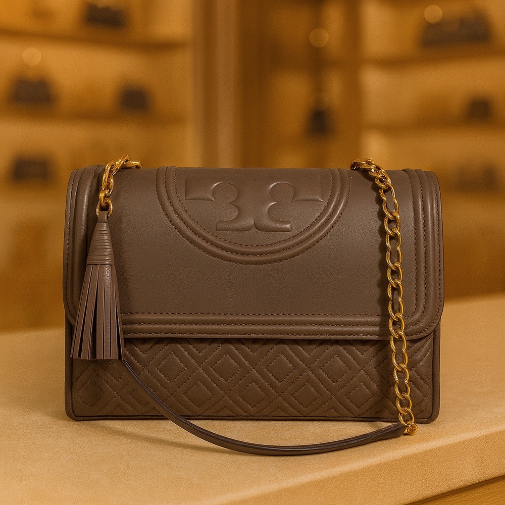 NEW Tory Burch Fleming Silver Maple Taupe Convertible Shoulder/Crossbody Bag